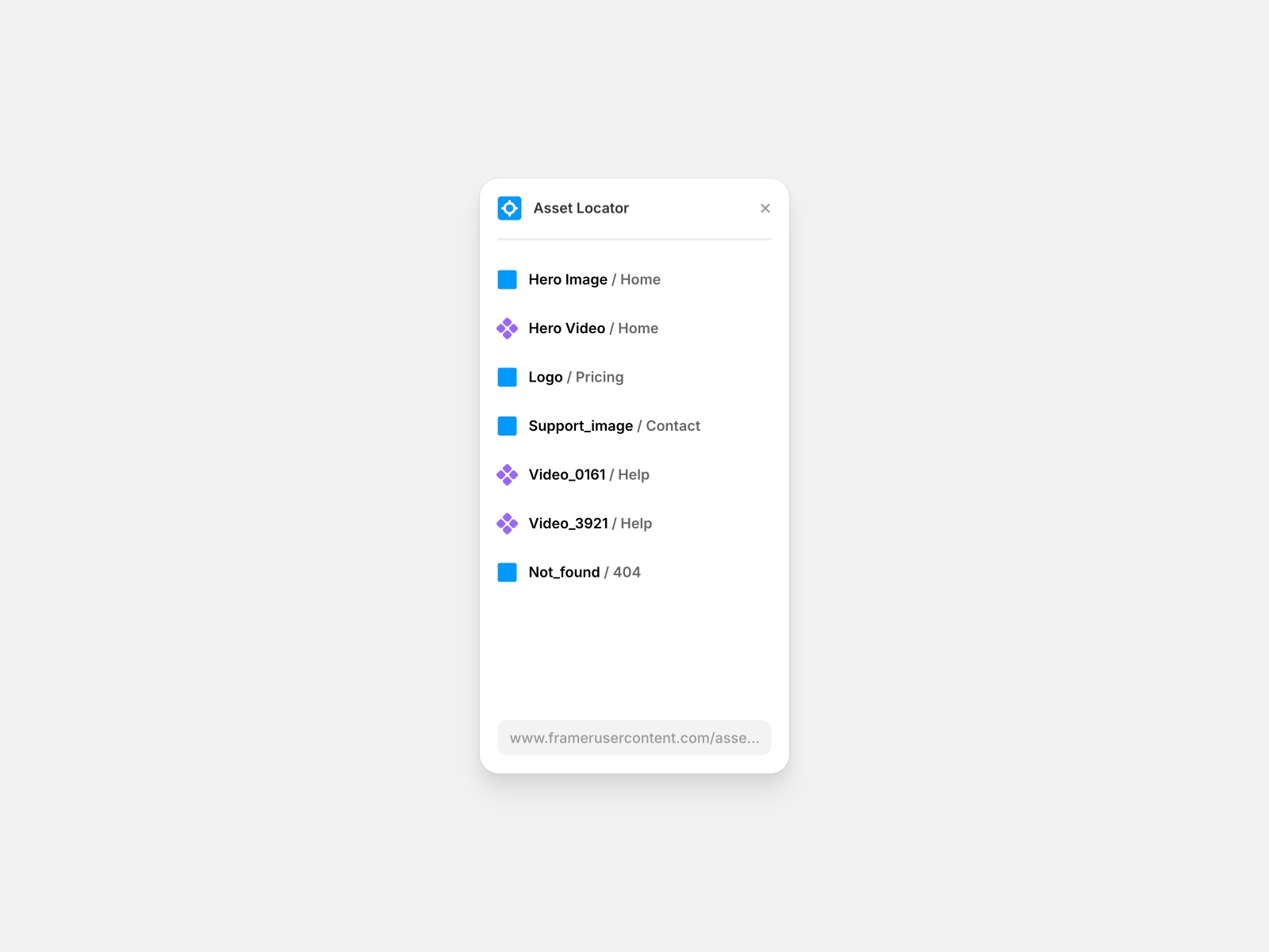Screenshot 3 for Asset Locator, a Framer Marketplace plugin by Kye.