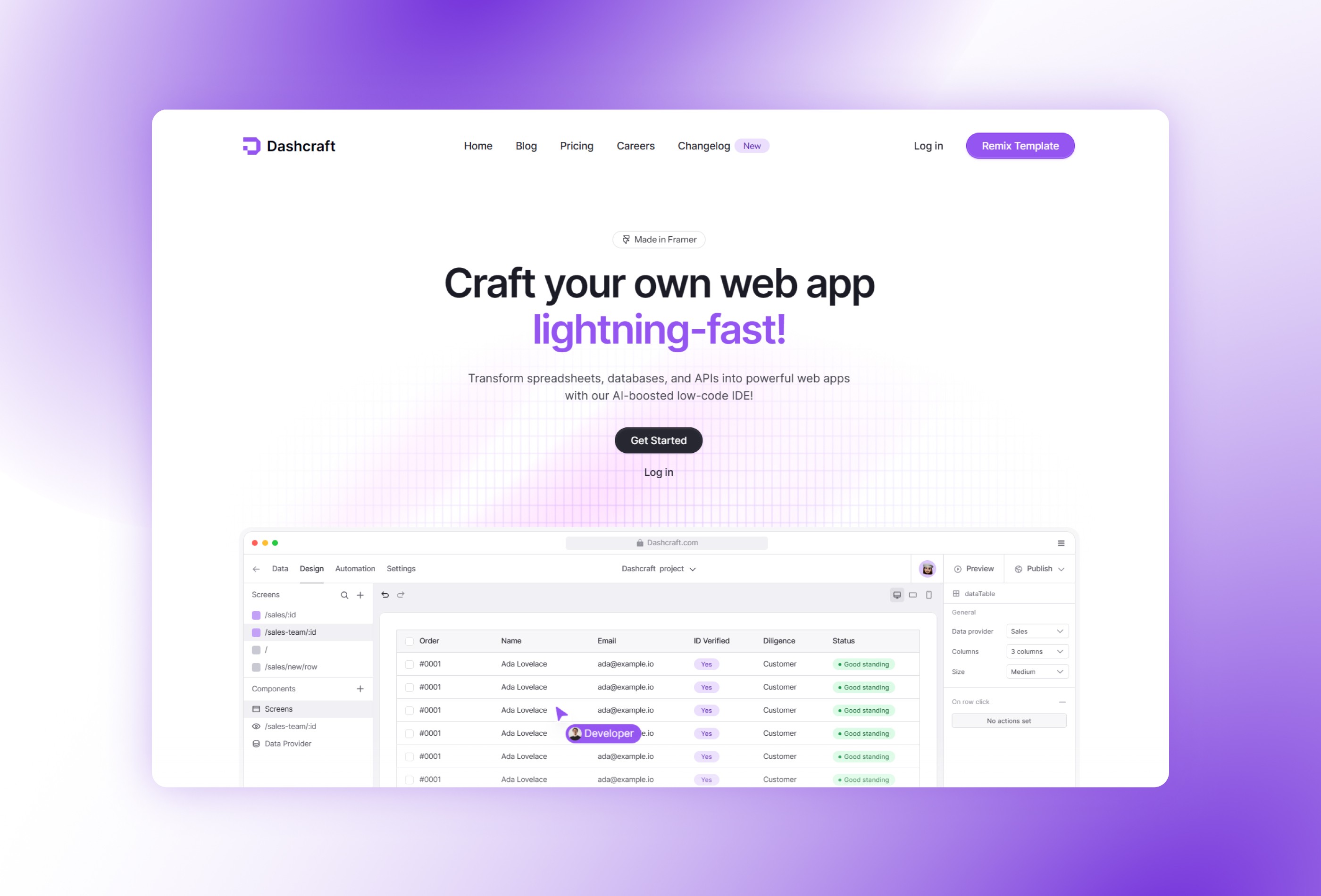 Screenshot 3 for Dashcraft, a Framer Marketplace template by Emily Clarke.