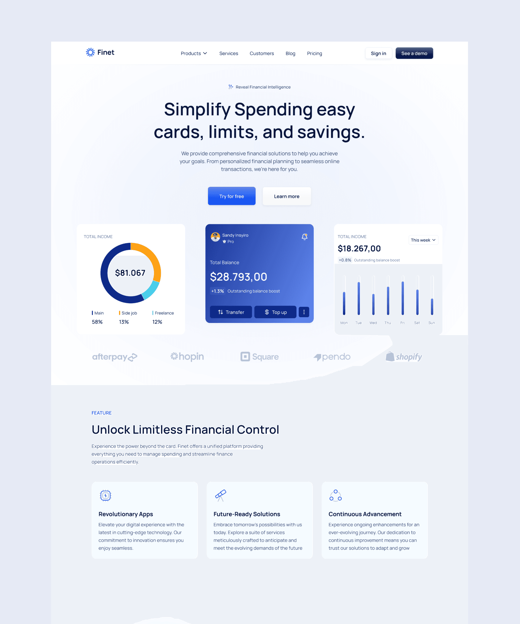 Screenshot 1 for Finet, a Framer Marketplace template by Pixlayer.