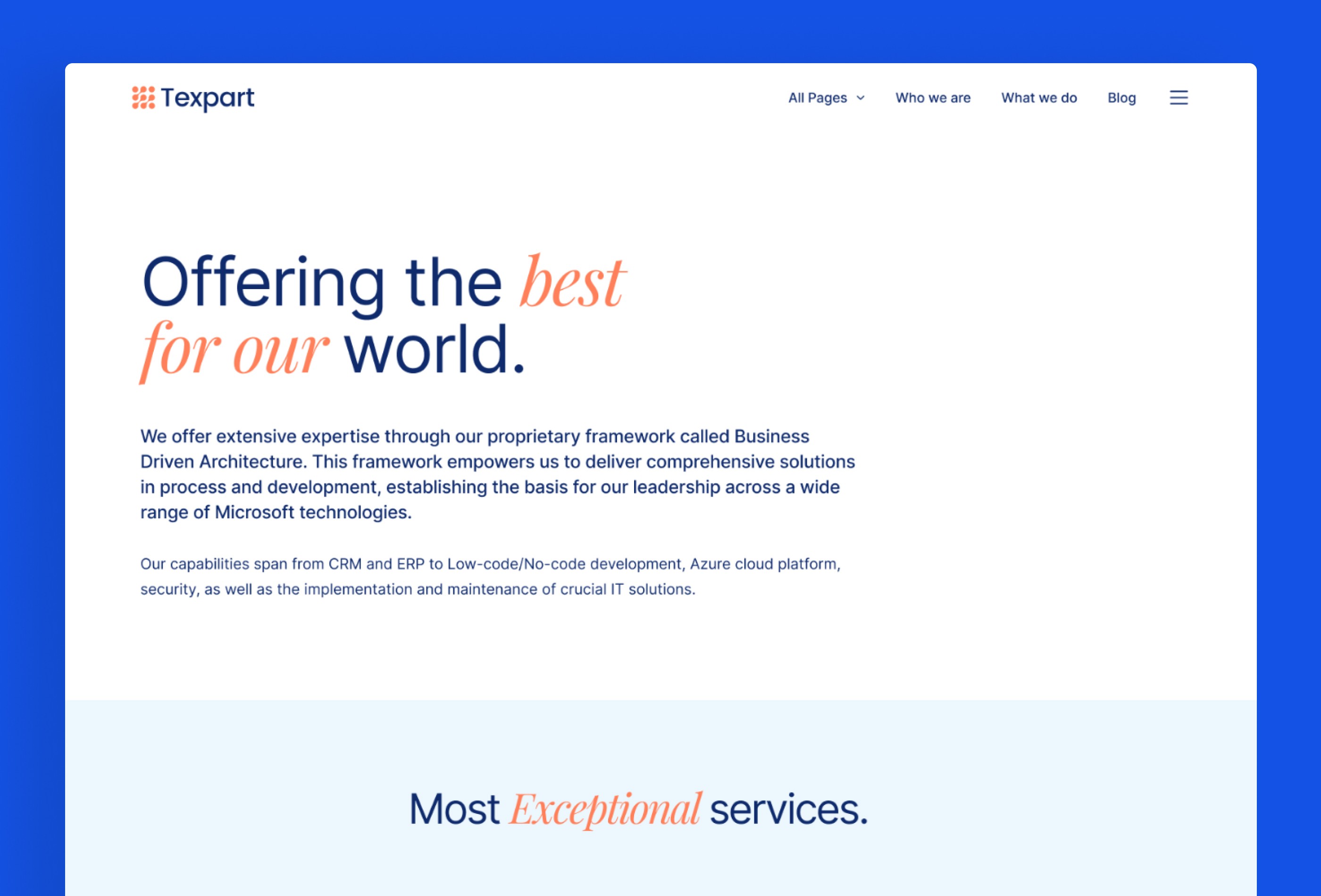 Screenshot 4 for Texpart, a Framer Marketplace template by Framerbite.