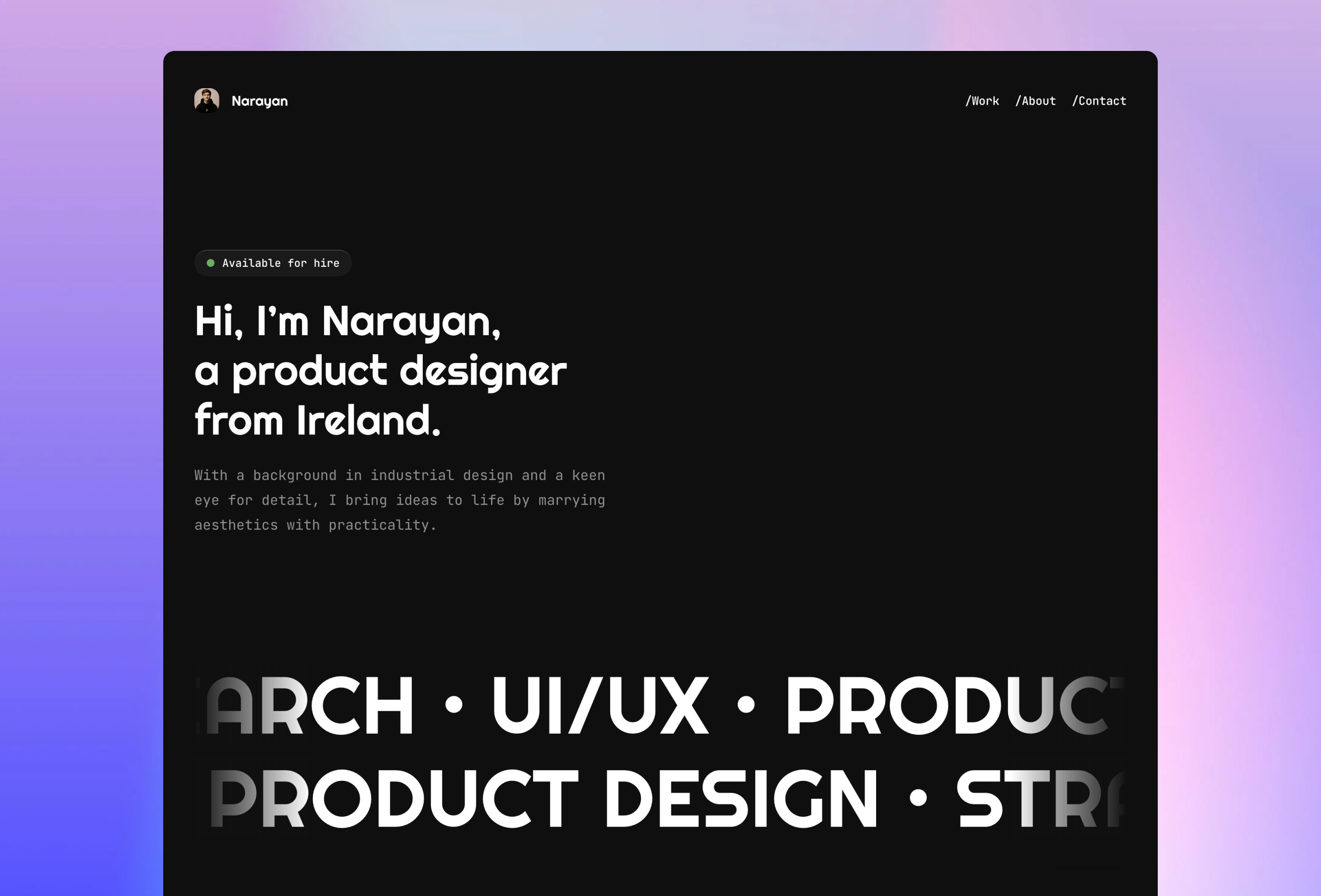 Screenshot 1 for Narayan, a Framer Marketplace template by Eamonn Day Lavelle.