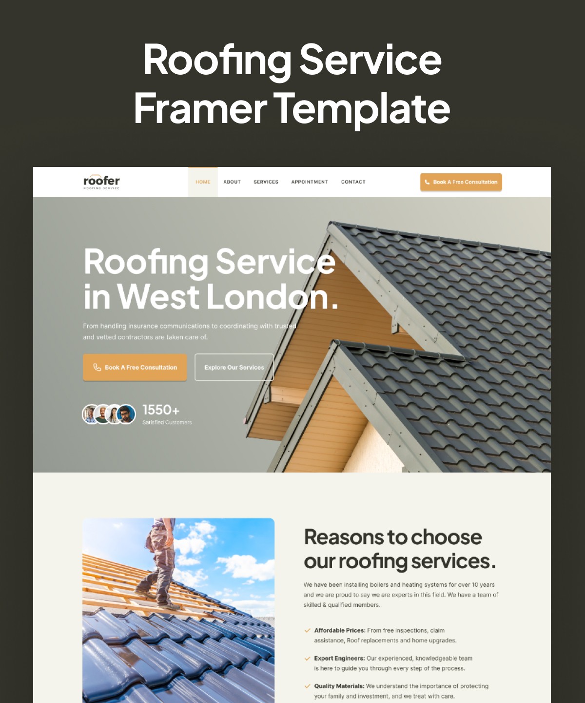 Screenshot 1 for Roofer, a Framer Marketplace template by Framerbite.