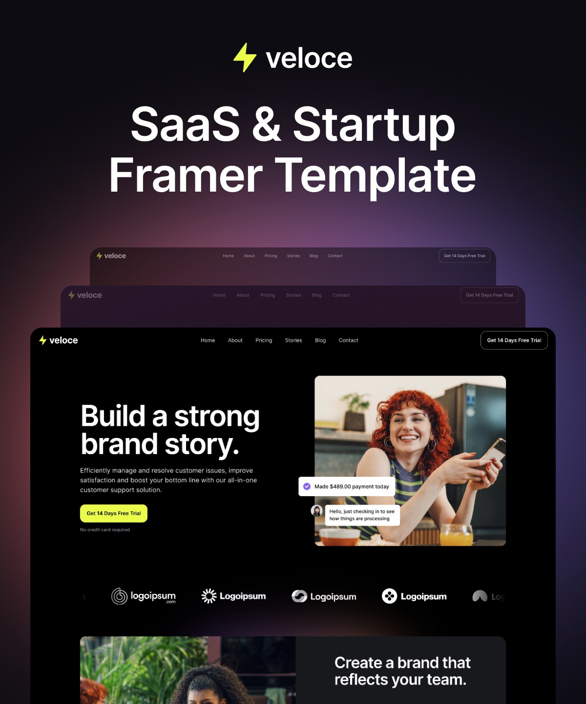 Screenshot 1 for Veloce, a Framer Marketplace template by Framerbite.