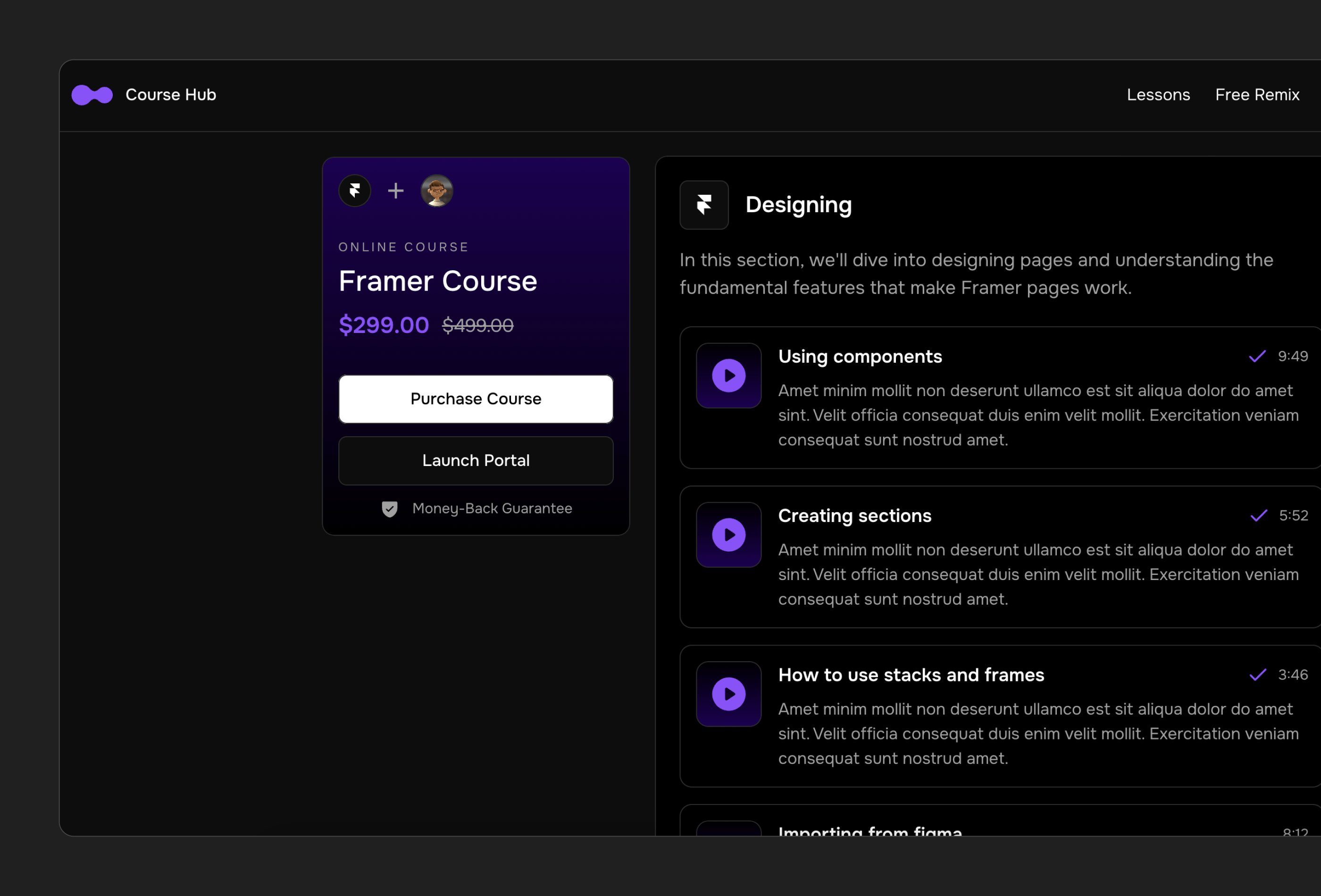 Screenshot 3 for Course Hub, a Framer Marketplace template by Danny Sapio.